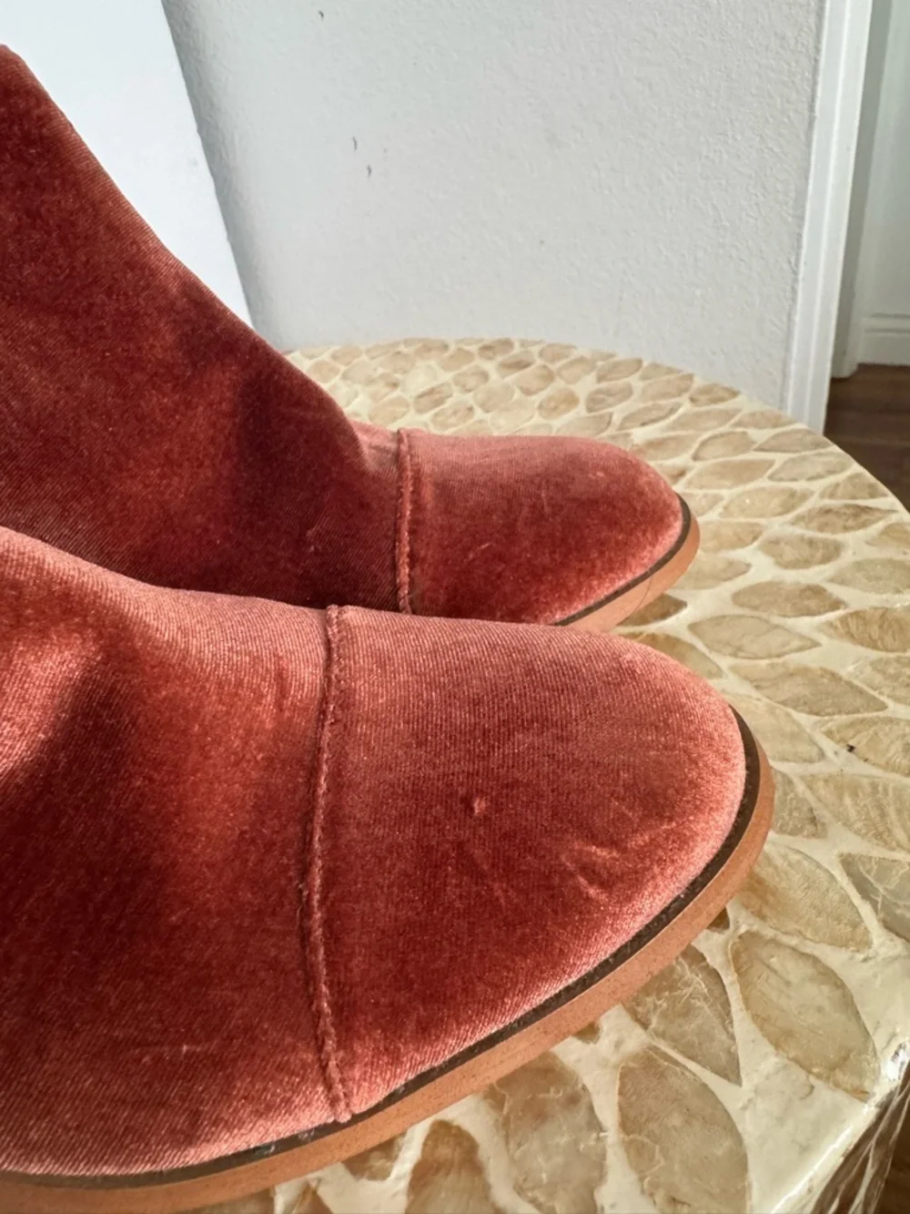 New Anthropologie Rust Orange Rounded Toe Velvet Ankle Boots size 7.5 M
